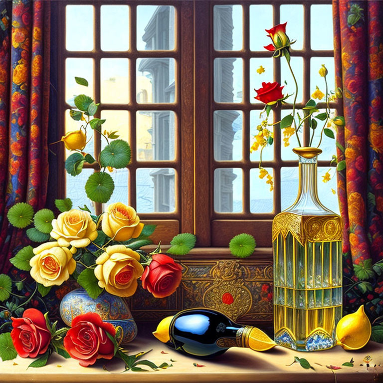 Colorful Still-Life Painting with Roses, Fruit, and Book by Sunlit Window