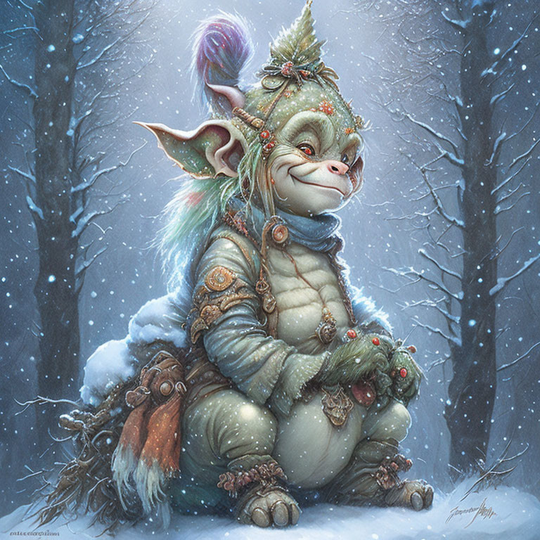 Fantastical creature in snowy landscape with large ears