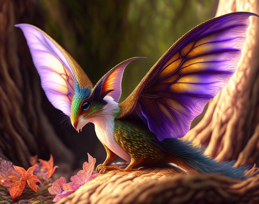 Mythical creature with purple wings, green and orange plumage, in nature setting