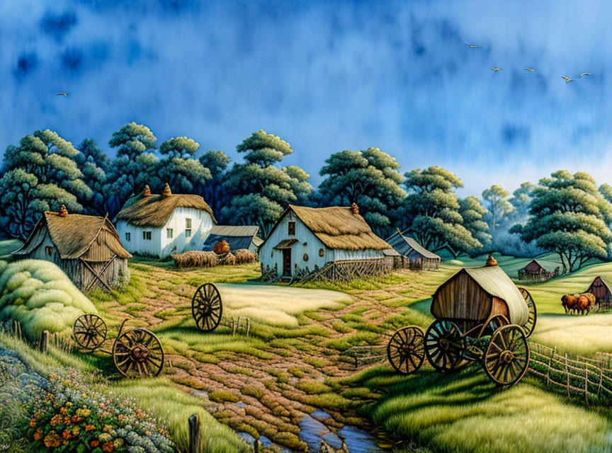 Rural landscape with thatched cottages, wooden carts, stream, and birds