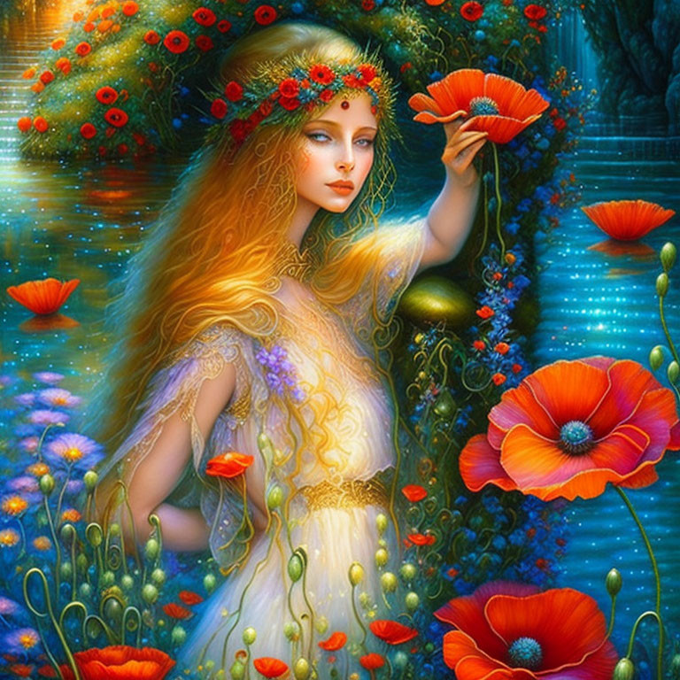 Woman with flowing hair and floral wreath in vibrant garden with poppy