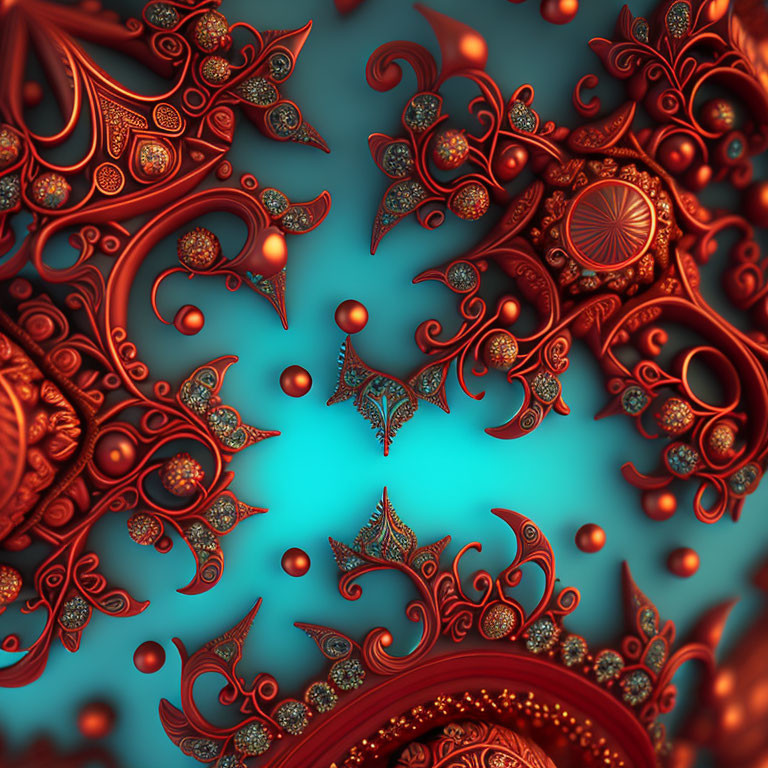 Intricate Copper-Colored Fractal Design on Teal Background