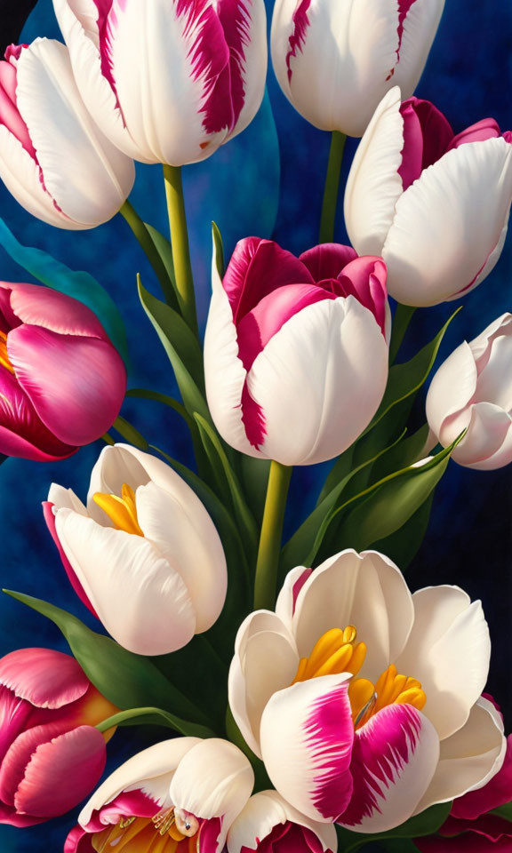 Colorful Tulip Bouquet with White and Red Petals on Deep Blue Background