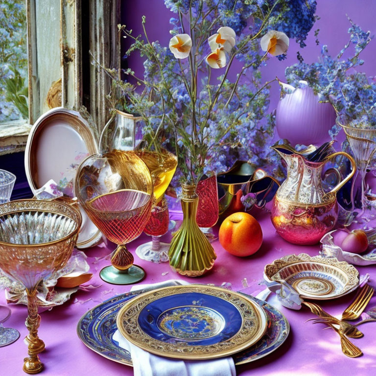 Elegant table setting with golden cutlery, patterned porcelain, crystal stemware, and colorful