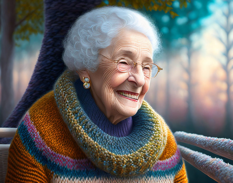 Elderly woman with white hair and glasses in colorful knitted scarf, autumn forest backdrop