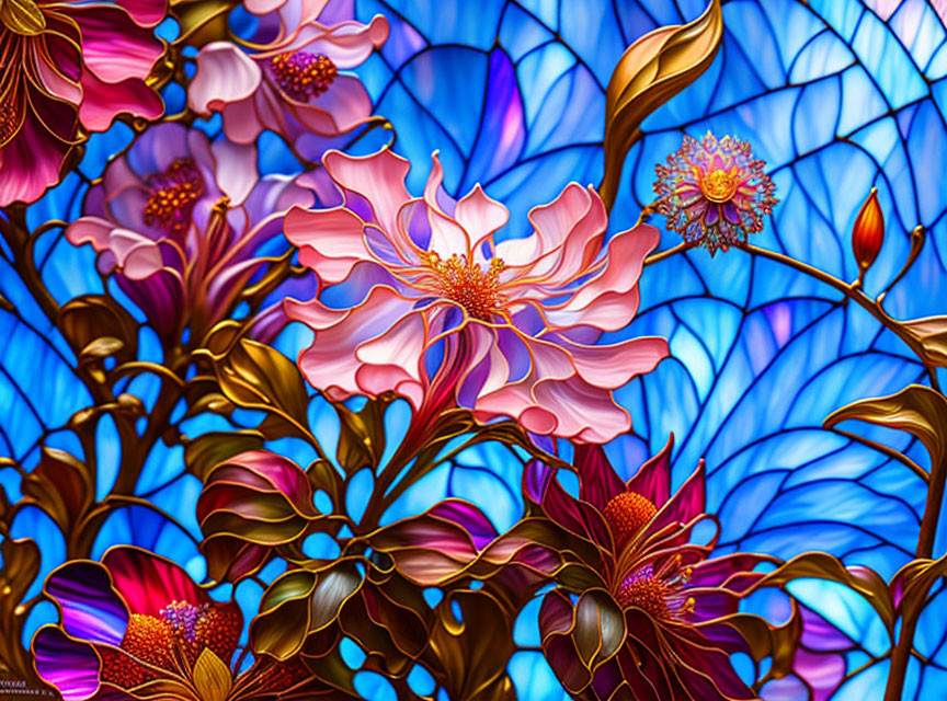 Colorful Digital Art: Stylized Pink Flowers on Blue Background