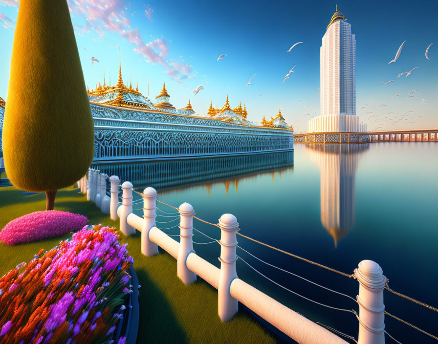 Fantastical landscape with golden temples, skyscraper, flora, and flying fish