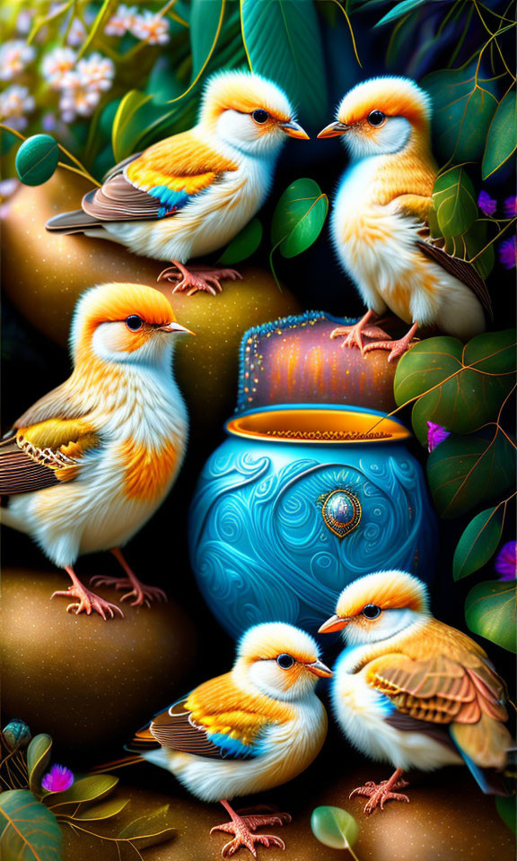 Colorful digital artwork: Five stylized birds with intricate feather patterns on a jewel-encrusted