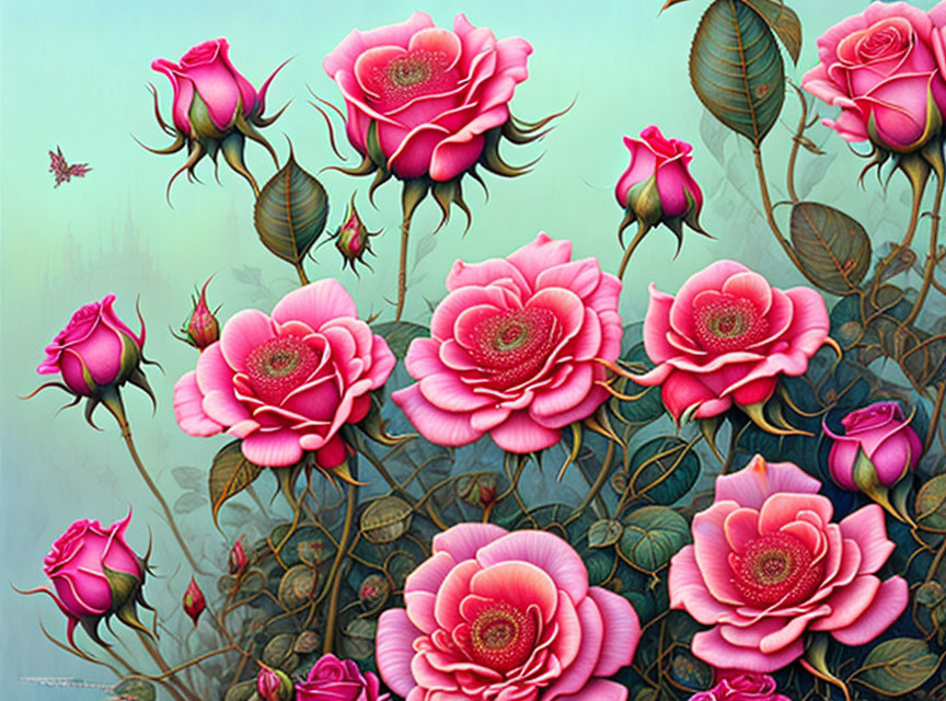 Detailed Pink Roses and Butterfly on Soft Blue Background