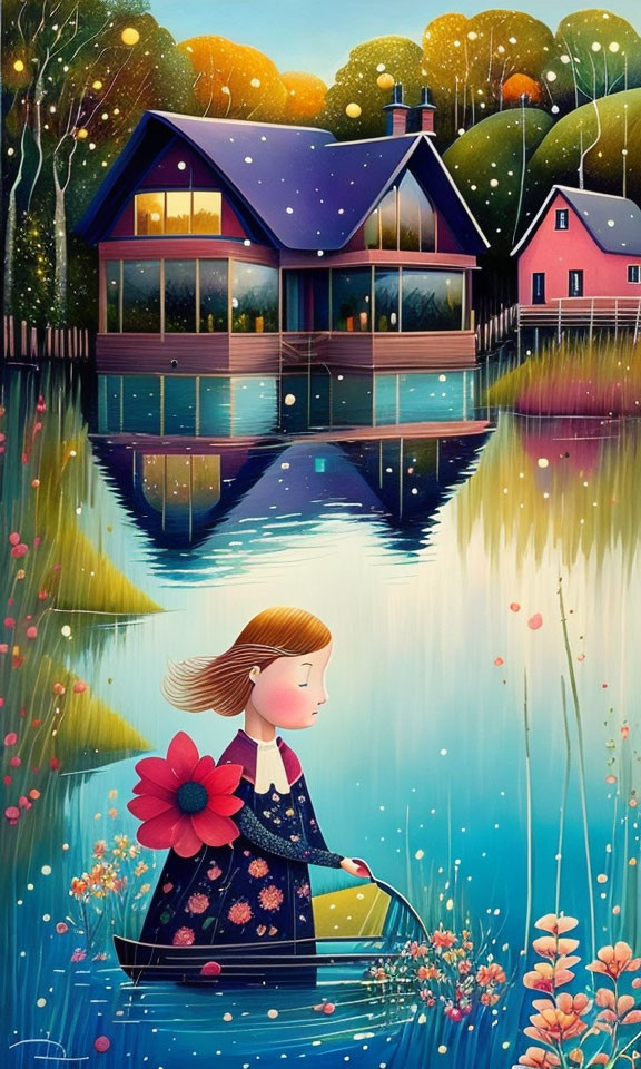 Colorful illustration of a girl on a boat in a tranquil lake at night