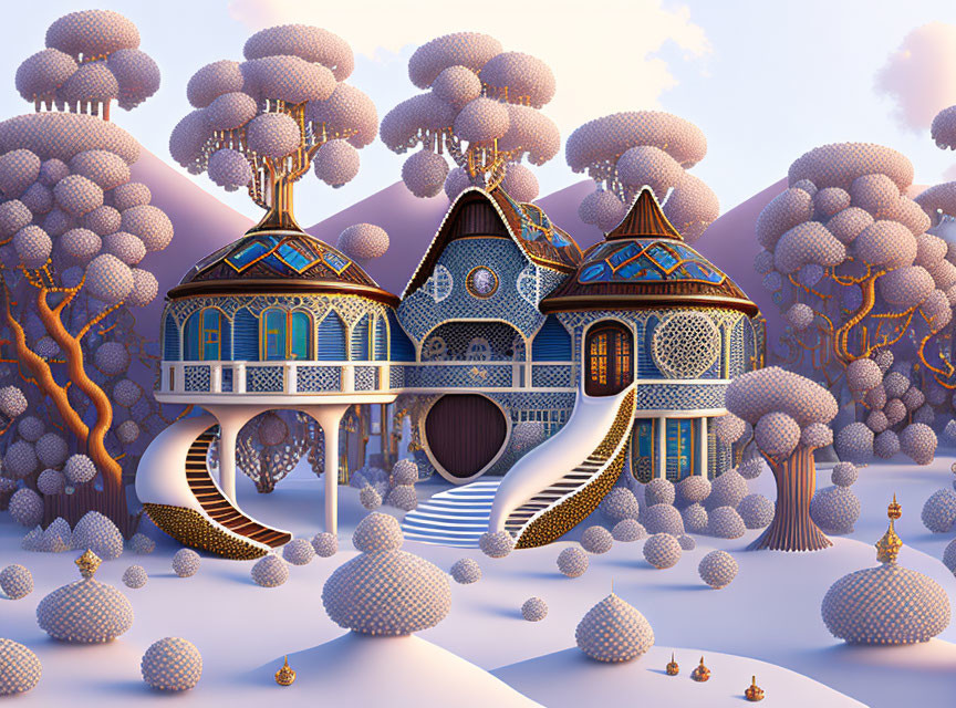 Whimsical architecture in snowy landscape with rounded snowy trees