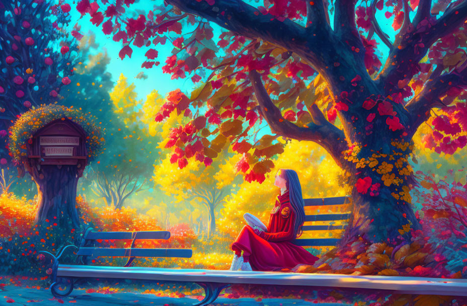 Woman in Red Dress Reading Book on Park Bench Under Autumn Tree