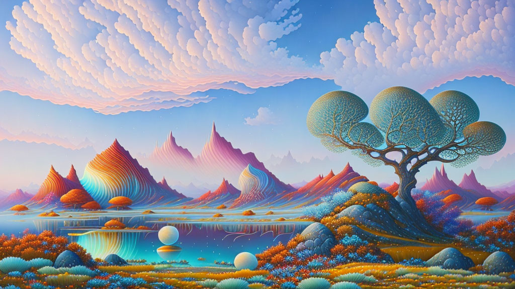 Colorful fantastical landscape with whimsical trees and reflective lakes