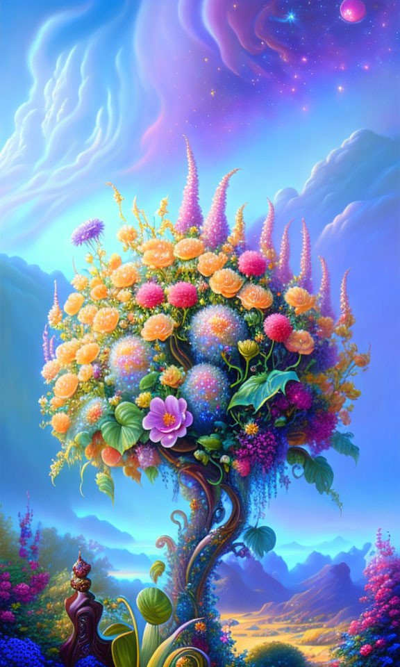 Colorful Flower Bouquet Painting Against Surreal Landscape