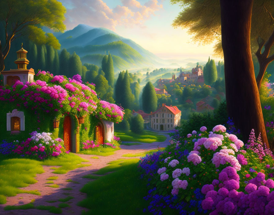 Vibrant flowers and quaint village in animated scene