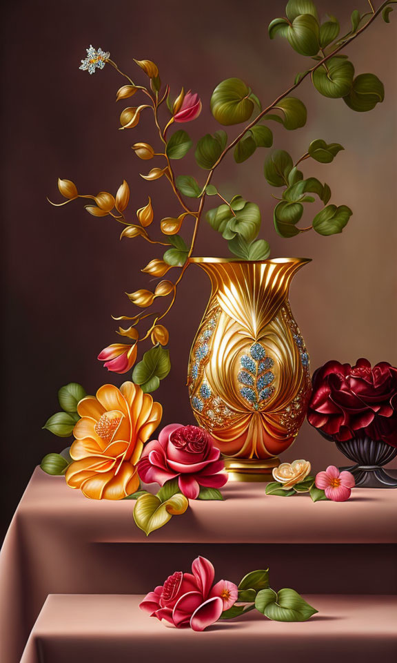 Vibrant flowers in golden vase on draped table against brown backdrop