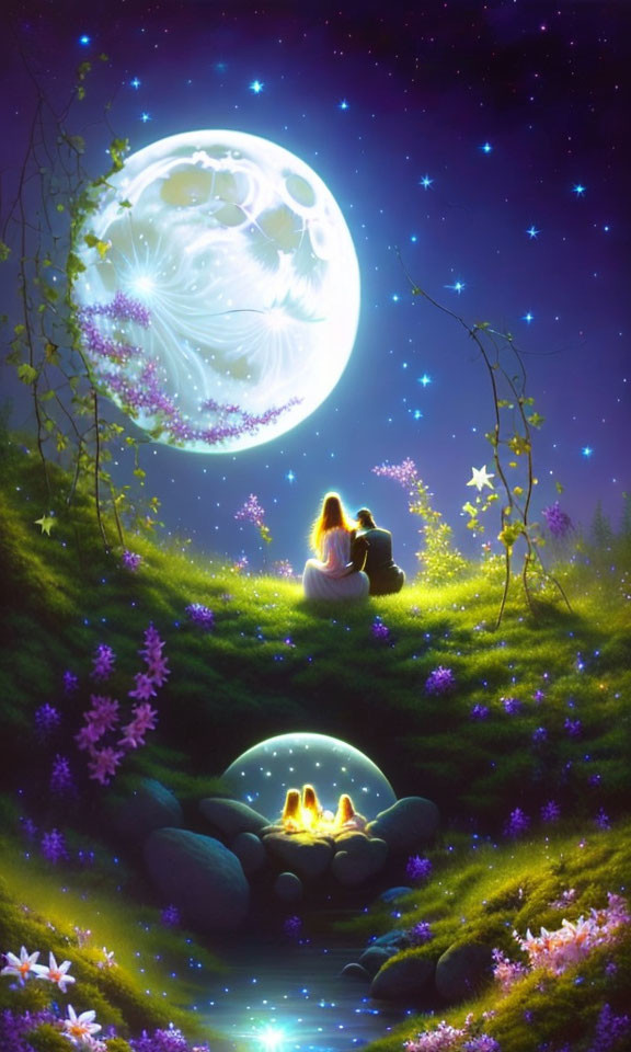 Starry sky scene: Two people under moon on grassy hill