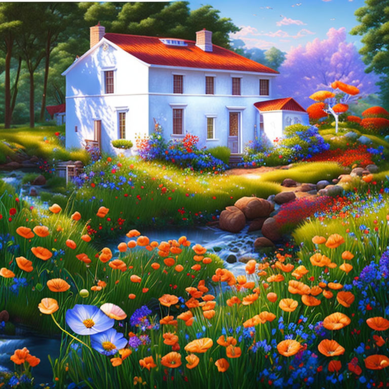 Colorful Painting: Tranquil Countryside House with Flower Garden and Stream