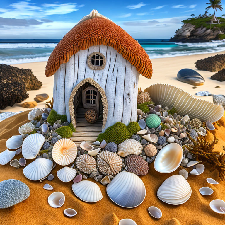 Whimsical beach scene with fairy-tale shell house and colorful seashells