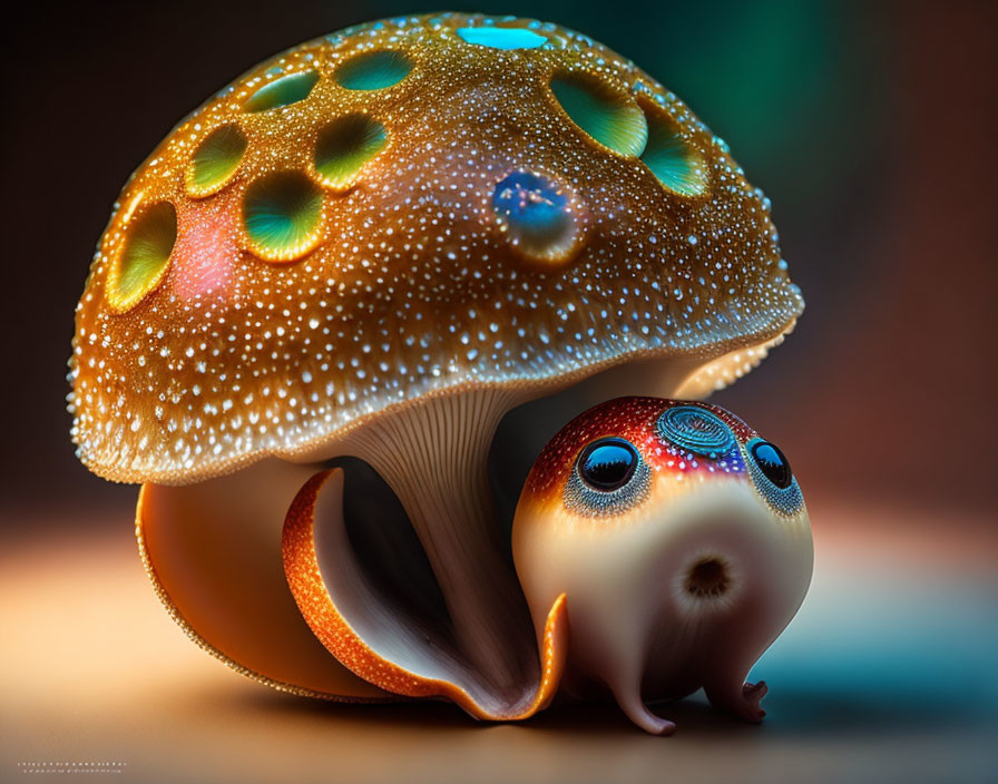 Colorful Snail Artwork with Dotted Mushroom Shell