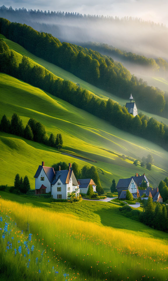 Scenic village with white church and cozy homes in green hills at sunrise