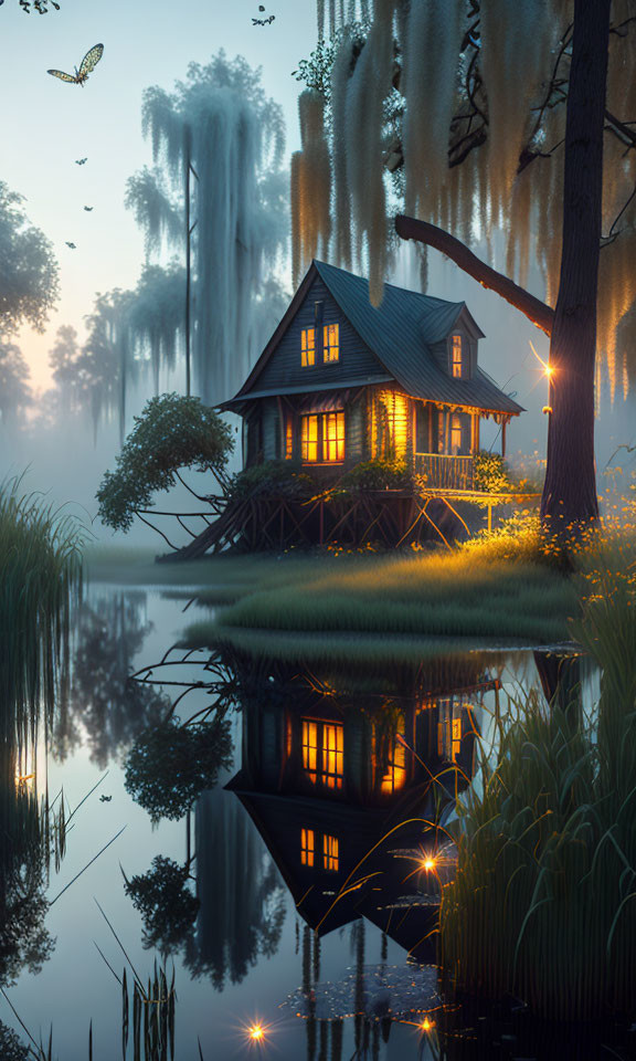 Cozy illuminated house by still lake with willows, fireflies, and dragonfly at dusk