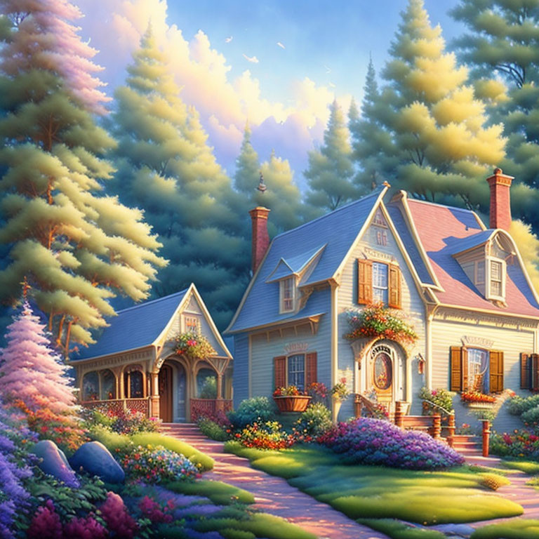 Tranquil painting of cozy house in lush garden at sunset