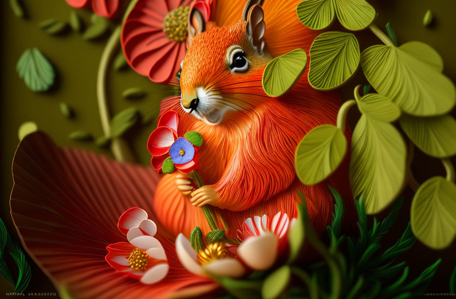 Colorful Illustration of Orange Squirrel in Nature Scene