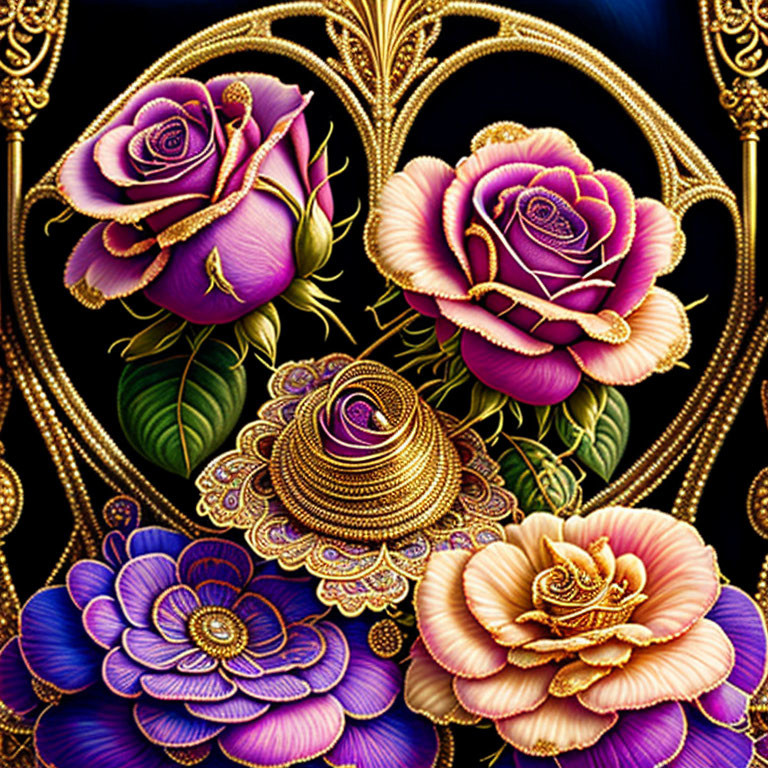 Detailed purple and gold rose pattern on dark background