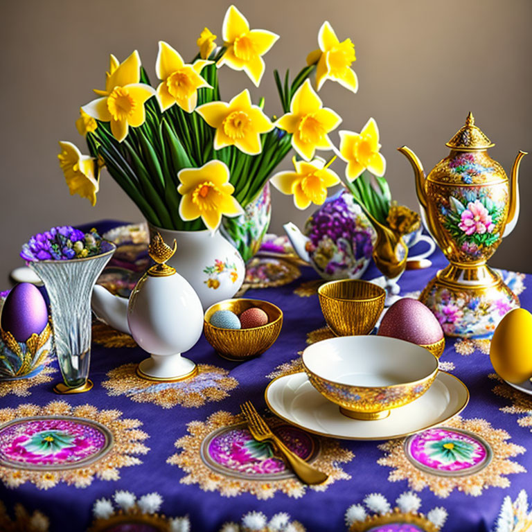 Sophisticated table decor with yellow daffodils, decorative eggs, gold-trimmed porcelain