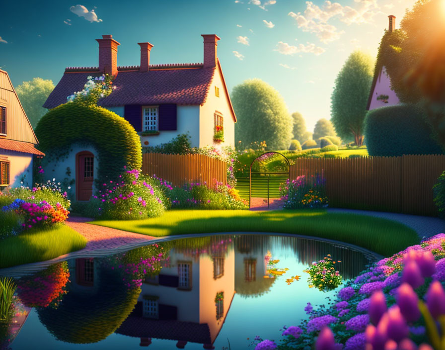 Thatched roof cottage in garden with pond at sunset