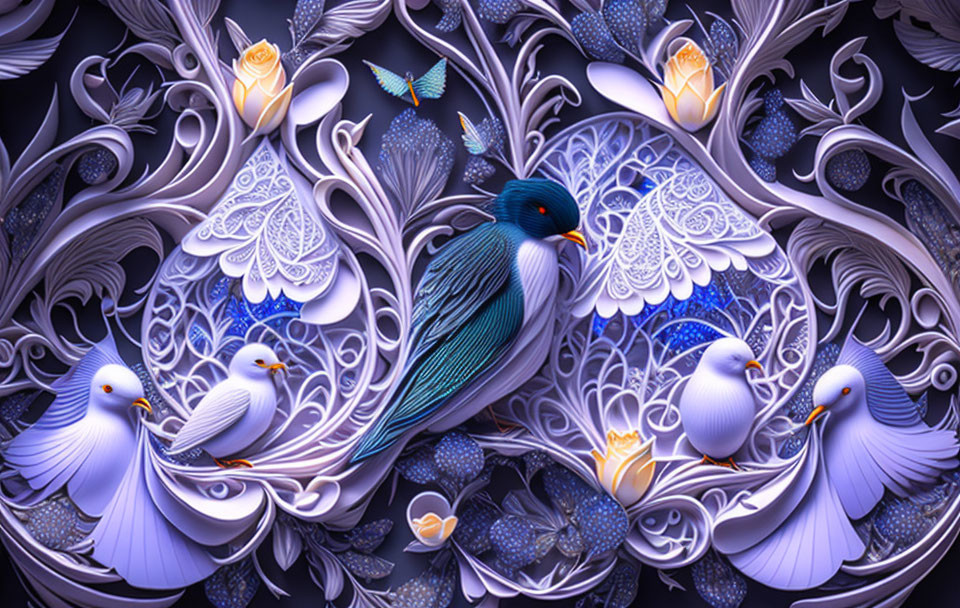 Colorful digital artwork: Blue and white birds, butterflies, and roses on dark floral backdrop