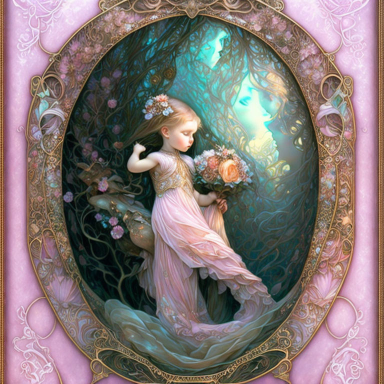 Ethereal artwork of graceful woman in pink dress with floral motifs