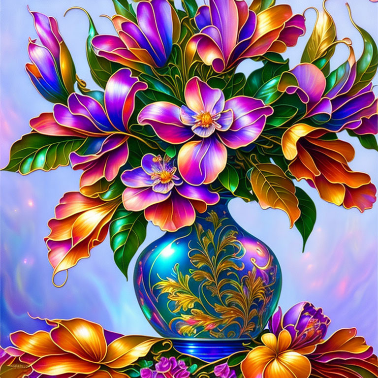 Colorful Illustration: Purple and Gold Flowers in Blue Vase