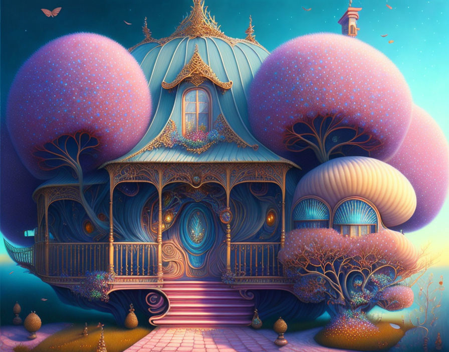 Colorful whimsical treehouse in starlit landscape