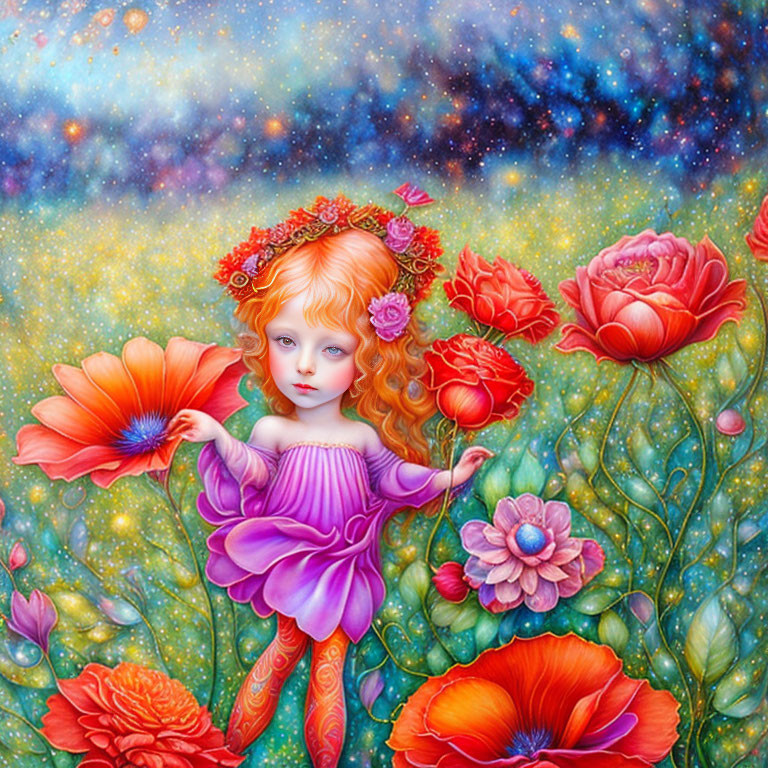 Illustration of red-haired girl in flower crown amid vibrant flowers on starry background