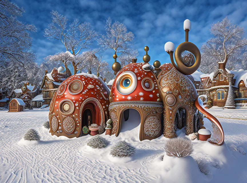 Fantasy Gingerbread Houses in Snowy Landscape with Intricate Icing Designs