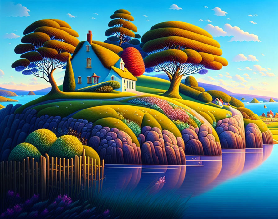 Colorful landscape with whimsical house, rolling hill, oversized trees, and serene lakeside setting