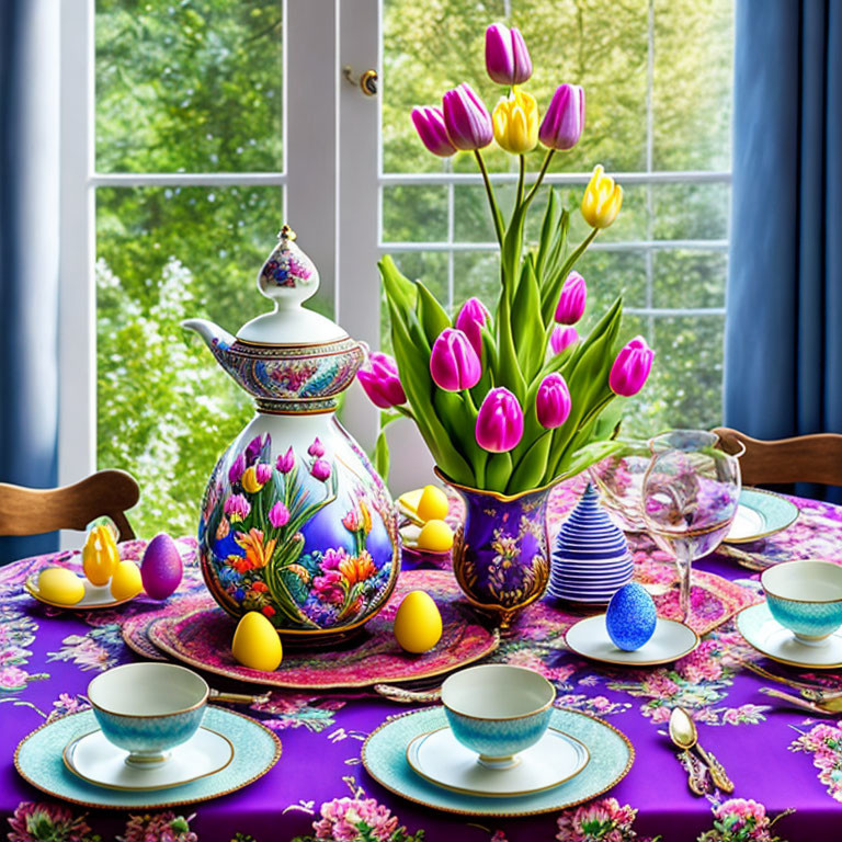 Colorful Easter table setting with floral jug, cups, eggs, tulips & purple tablecloth