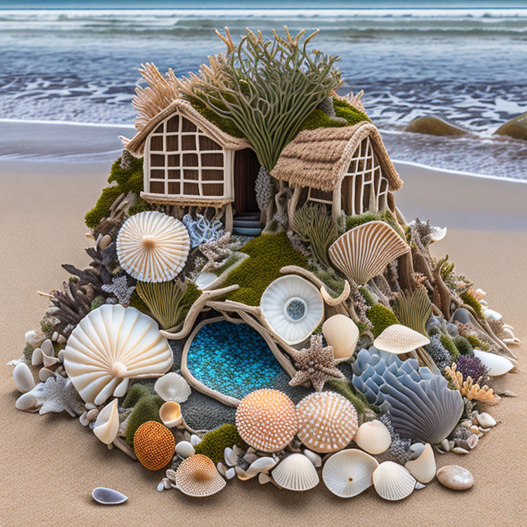 Sea Shell, Coral, and Seaweed House on Sandy Beach