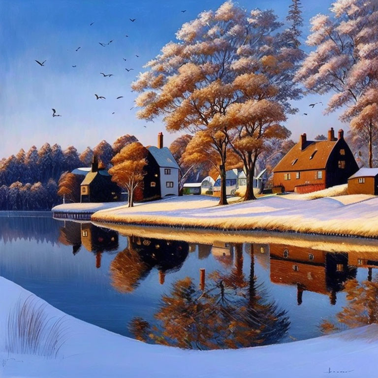 Snow-covered houses by reflective lake in serene winter scene