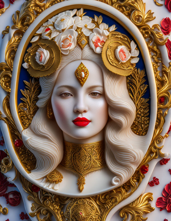 Detailed portrait of stylized woman with pale skin, golden adornments, white hair, and floral frame