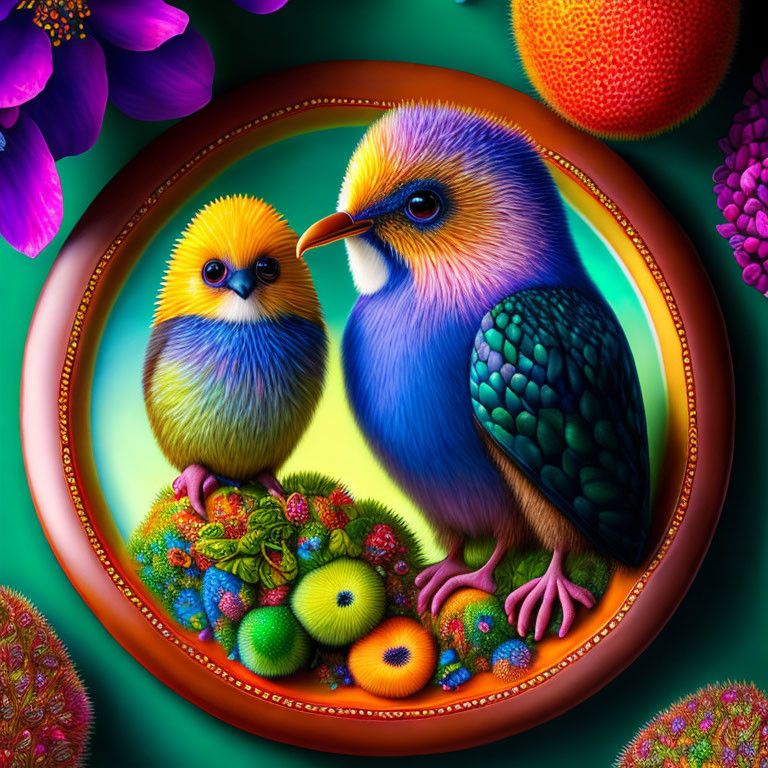 Colorful Stylized Birds in Terracotta Frame with Exotic Plants