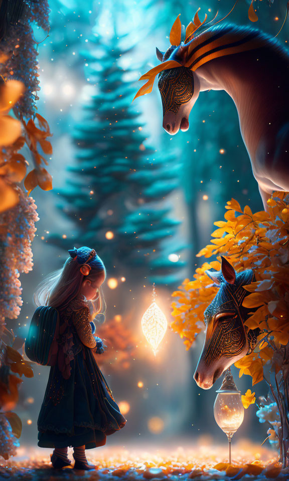 Enchanting blue forest light illuminates girl, horses, and golden leaves