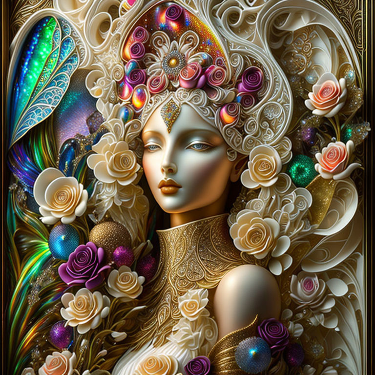 Vibrant digital art of female figure with ornate headgear on golden backdrop