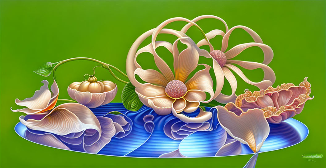 Colorful digital artwork of metallic flowers and leaves on green background