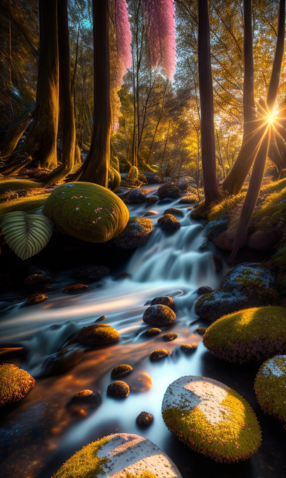 Tranquil forest scene with sunlight, stream, and moss-covered stones