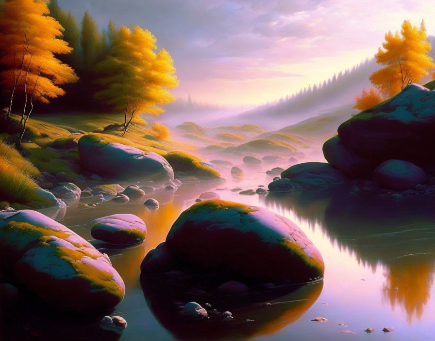 Tranquil landscape: Misty river, autumn trees, soft light