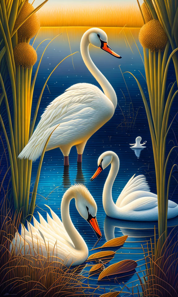 Tranquil scene: Three swans in golden-lit water with reeds and gradient sky