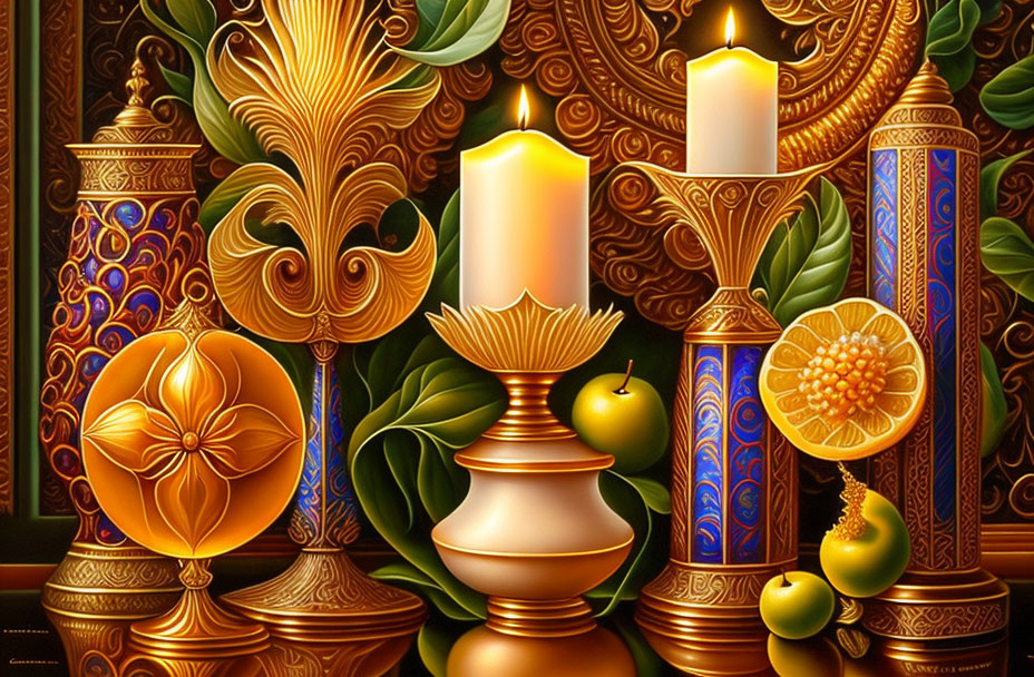 Elaborate Still Life with Candles, Fruit, and Intricate Decorations